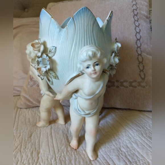 MidCentury Vintage Lenwile Ardalt Porcelain Artware Japan Cherubs W/Planter Vase - Picture 2 of 10